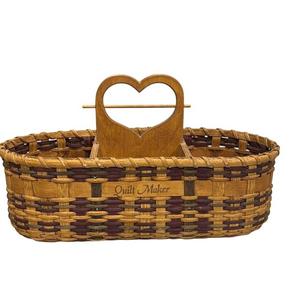 Heart Quilt Maker Caddy Vintage Basket with Wood Bottom & Spooler 19 inch